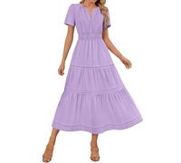 Womens Boho Maxi Dresses Summer Short Sleeve V Neck Casual Flowy Swing A-Line Long Beach Dress Elastic Waist Pleated Dress Ladies Elegant Bohemian Loose Vacation Dresses for Party Night Out Purple