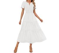 Womens Boho Maxi Dresses Summer Short Sleeve V Neck Casual Flowy Swing A-Line Long Beach Dress Elastic Waist Pleated Dress Ladies Elegant Bohemian Loose Vacation Dresses for Party Night Out White