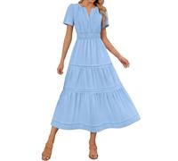 Womens Boho Maxi Dresses Summer Short Sleeve V Neck Casual Flowy Swing A-Line Long Beach Dress Elastic Waist Pleated Dress Ladies Elegant Bohemian Loose Vacation Dresses for Party Night Out Blue