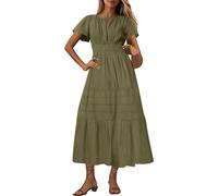 Womens Boho Maxi Dresses Summer Short Sleeve V Neck Casual Flowy Swing A-Line Long Beach Dress Ladies Elegant Bohemian Loose Vacation Dresses for Party Night Out Army Green