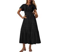 Womens Boho Maxi Dresses Summer Short Sleeve V Neck Casual Flowy Swing A-Line Long Beach Dress Ladies Elegant Bohemian Loose Vacation Dresses for Party Night Out Black