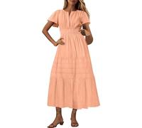 Womens Boho Maxi Dresses Summer Short Sleeve V Neck Casual Flowy Swing A-Line Long Beach Dress Ladies Elegant Bohemian Loose Vacation Dresses for Party Night Out Orange