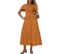 Womens Boho Maxi Dresses Summer Short Sleeve V Neck Casual Flowy Swing A-Line Long Beach Dress Ladies Elegant Bohemian Loose Vacation Dresses for Party Night Out Coffee