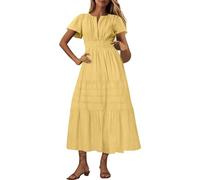 Womens Boho Maxi Dresses Summer Short Sleeve V Neck Casual Flowy Swing A-Line Long Beach Dress Ladies Elegant Bohemian Loose Vacation Dresses for Party Night Out Yellow