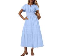 Womens Boho Maxi Dresses Summer Short Sleeve V Neck Casual Flowy Swing A-Line Long Beach Dress Ladies Elegant Bohemian Loose Vacation Dresses for Party Night Out Blue