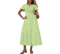 Womens Boho Maxi Dresses Summer Short Sleeve V Neck Casual Flowy Swing A-Line Long Beach Dress Ladies Elegant Bohemian Loose Vacation Dresses for Party Night Out Green