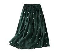 Women's Boho Maxi Skirt Summer Vintage Cotton Linen Elasticated High Waist Long Skirts Ladies Casual Comfortable Polka Dot Print Pleated Bohemian Beach Skirt (Green, XL)