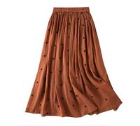 Women's Boho Maxi Skirt Summer Vintage Cotton Linen Elasticated High Waist Long Skirts Ladies Casual Comfortable Polka Dot Print Pleated Bohemian Beach Skirt (Orange, M)