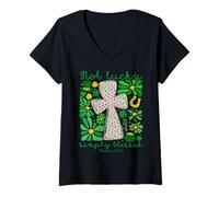 Women's Boho Not Lucky Simply Blessed Christian Cross St Patrick Day V-Neck T-Shirt