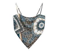 Women's Boho Paisley Print Satin Bandana Top Hanky Hem Tie Back Adjustable Spaghetti Strap Cami Tube Tops, Palace Blue, M