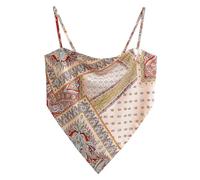 Women's Boho Paisley Print Satin Bandana Top Hanky Hem Tie Back Ajustable Spaghetti Strap Backless Cami Tube Tops, Multicolor Red, M