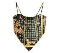 Women's Boho Paisley Print Satin Bandana Top Hanky Hem Tie Back Ajustable Spaghetti Strap Backless Cami Tube Tops, Black, S