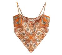 Women's Boho Paisley Print Satin Bandana Top Hanky Hem Tie Back Ajustable Spaghetti Strap Backless Cami Tube Tops, Paisley Champagne, M