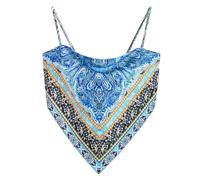 Women's Boho Paisley Print Satin Bandana Top Hanky Hem Tie Back Ajustable Spaghetti Strap Backless Cami Tube Tops, Peacock Blue, L