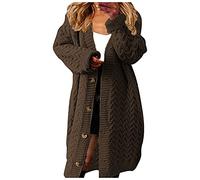Womens Boho Patchwork Knit Cardigan Mid Length Long Sweater Trench Open Front Knit Sweaters Chunky Knitwear Comfy Loose Coat Warm Soft Winter Knit Outwear Cozy Relaxed Cardigan Brown