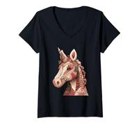 Womens Boho Patchwork Unicorn Head Rustic Floral V-Neck T-Shirt