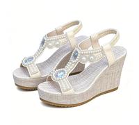 Women's Boho Pearl Rhinestone Platform Wedge Sandals Bohemian Peep Toe Sandals with Elastic Ankle Strap Summer Open Toe Beach Dressy Shoes (White,40EU)