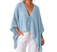 Womens Boho Poncho Tops UK Ladies Lace-up 3/4 Batwing Sleeve Shirt | Oversized Tie Front Dolman Tops V Neck Casual Loose Fit Vaction Gauze Blouses Asymmetrical Hem Summer Beach Cover ups