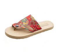 Women's Boho Print Thong Slides Rope Sole Flip Flops Beach Sandals Comfortable Summer Round Toe Ethnic Style Women Slide Sandals Anti-slip Walking Thong Slippers Flip-Flops Flat Heel Casual Shoe