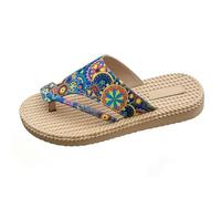Women's Boho Print Thong Slides Rope Sole Flip Flops Comfortable Summer Beach Sandals for UK Vacation Wear Round Toe Ethnic Style Women Slide Sandals Flip-Flops Casual Shoe
