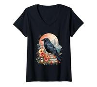 Womens Boho Raven and Roses Gothic Fall Floral Crow Mountain Scene V-Neck T-Shirt