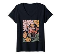 Women's Boho Retro Christian Christ is King Cross Religious Jesus V-Neck T-Shirt