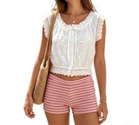 Women's Boho Scalloped Lace Crop Top, Tie Front Eyelet Button Y2K Vacation Coastal Style Solid Color Regular Fit Summer Blouse for Holiday Cycling Fitness(L White)
