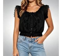 Women's Boho Scalloped Lace Crop Top, Tie Front Eyelet Button Y2K Vacation Coastal Style Solid Color Regular Fit Summer Blouse for Holiday Cycling Fitness(M Black)