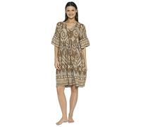 Women's Boho Sleep Dress, Geometric Print, Brown and Cream, V-Neck, Short Sleeves, Midi Length (Brown, Large)