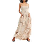 Women's Boho Spaghetti Strap Backless Maxi Dres Halter Neck Solid Color Low Cut Tie Up Tiered Swing Y2k A Line Beach Long Dress (Apricot, S)