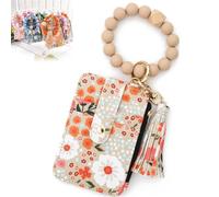 Women's Boho Style Beaded Tassel Keychain Wallet,Silicone Bead Flower Pattern Card Holder, Leather Zipper Wrist Wallet (Khaki)