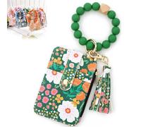 Women's Boho Style Beaded Tassel Keychain Wallet,Silicone Bead Flower Pattern Card Holder, Leather Zipper Wrist Wallet (Green)
