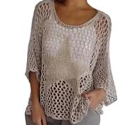 Women's Boho Style Beige Crochet Cover Up 3/4 Sleeves Scoop Neck Hollow Out Knit Top Pullover Shirts Summer Classic Lightweight Casual Beachwear (Khaki, XXXL)