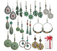 Women's Boho Style Dangle Earrings, Vintage Earrings Set for Women and Girls, Retro Pendant Earrings for Pierced Ears with Floral, Leaf, Tassel and Feather Designs, 12 Pairs, Alloy Steel