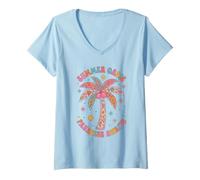 Women's Boho Summer Oasis Paradise Awaits Retro Palm Tree Tropical V-Neck T-Shirt