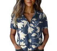 Womens Boho Summer Tops Linen Shirts for Women UK Boho Floral Blouses Button Down Shirts Plus Size Short Sleeve Shirt Casual Collared V Neck Going Out