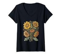 Women's Boho Sunflower Bouquet Florist Wildflower Rustic Nature V-Neck T-Shirt