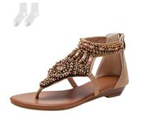 Women's Boho Thong Sandals, Summer Flat Sandals with Rhinestones And Back Zipper Comfortable Plus Size Casual Shoes for Outdoor Vacation Beach And Everyday Wear,Beige,4.5 UK