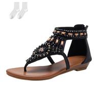 Women's Boho Thong Sandals, Summer Flat Sandals with Rhinestones And Back Zipper Comfortable Plus Size Casual Shoes for Outdoor Vacation Beach And Everyday Wear,Black,6 UK