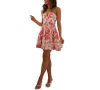Women's Boho Tie Halter Mini Dress Floral Print V Neck Skater Dresses Backless Sleeveless Patchwork Ruffle Hem Short Dress for Beach (A-01, L)