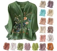 Womens Boho Tops Linen Shirts Women Retro Boho Embroidered Cheesecloth Tops 3/4 Sleeve Flowy Hem Bohemian Hippy Clothes Cotton Holiday Tunic Shirts Lightweight Beach Wear Green Style#2 XL