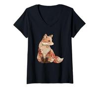 Womens Boho Woodland Fox Patchwork Floral Autumn Folk V-Neck T-Shirt