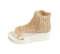Women's Boho Woven Straw High Top Wedge Platform Sandals Open Toe Zip Up Espadrille Shoes for Summer Festivals Travel Beige