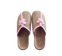Women's Boho Woven Straw Slippers Closed Toe Flat Mules with Floral Decor for House Garden Beach Summer Casual Lounging Pink 4.5