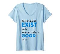 Womens Bold Blue Exist Good Typography Creative Starter Quote V-Neck T-Shirt