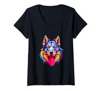 Women's Bold Colorful Geometric Wolf Portrait V-Neck T-Shirt