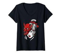 Womens Bold Japanese Oni mask with fierce expression V-Neck T-Shirt