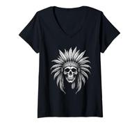 Women's Bold Skull with Feather Headdress Monochrome Art V-Neck T-Shirt