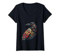 Womens Bold Tribal Raven Art with Floral and Swirl Design V-Neck T-Shirt
