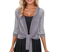 Women's Bolero Silver Thread Mesh Cardigan Short Chiffon Jacket Lightweight Evening Cape Blouson Top Elegant Cover Women Lace Blazer Summer Cardigan Festive Cape Jacket, Style/V04 Gray, M